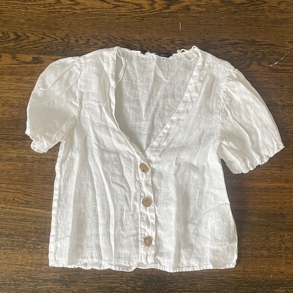 Zara Cream Linen Puff Sleeve Blouse
